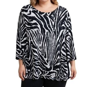 JM Collection Black White Zebra Animal Print 3/4 Sleeve Top Blouse Size XXL